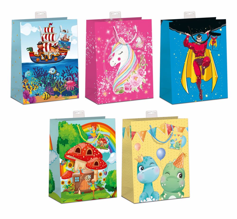 Geschenktüte groß  5 Motive á 2 Geschenktaschen Serie "Kinder" Jede mit Kordel, Namenskarte & Eurolochvorrichtung  26x32x12cm