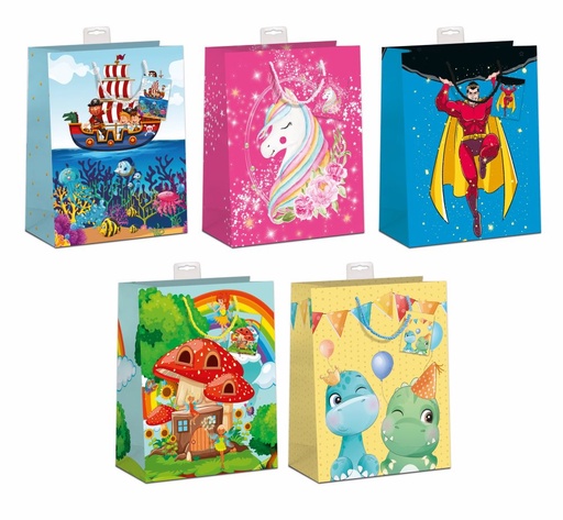 [99750012L] Geschenktüte groß  5 Motive á 2 Geschenktaschen Serie "Kinder" Jede mit Kordel, Namenskarte & Eurolochvorrichtung  26x32x12cm